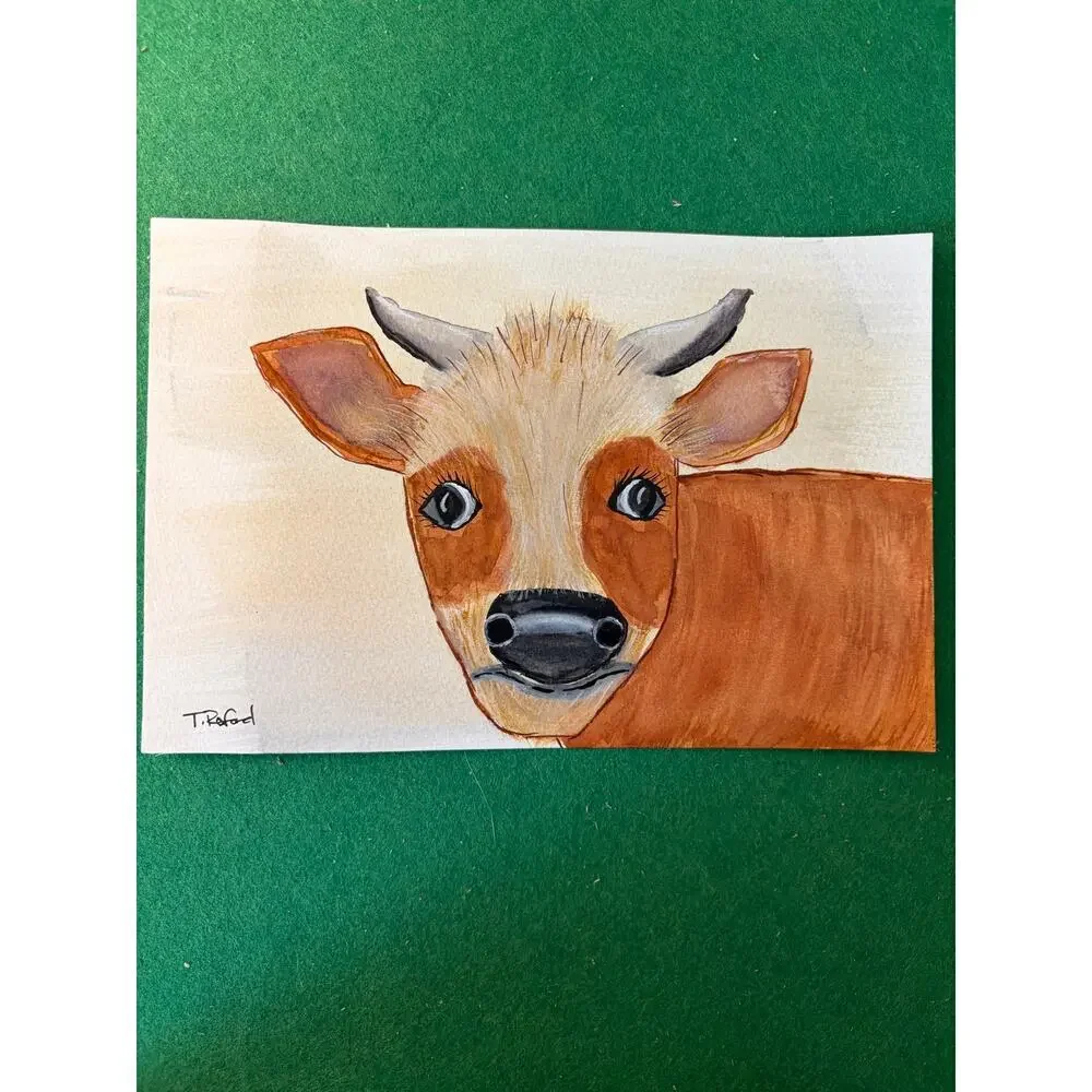 Hand painted watercolor original painting derpy whimsical cow
